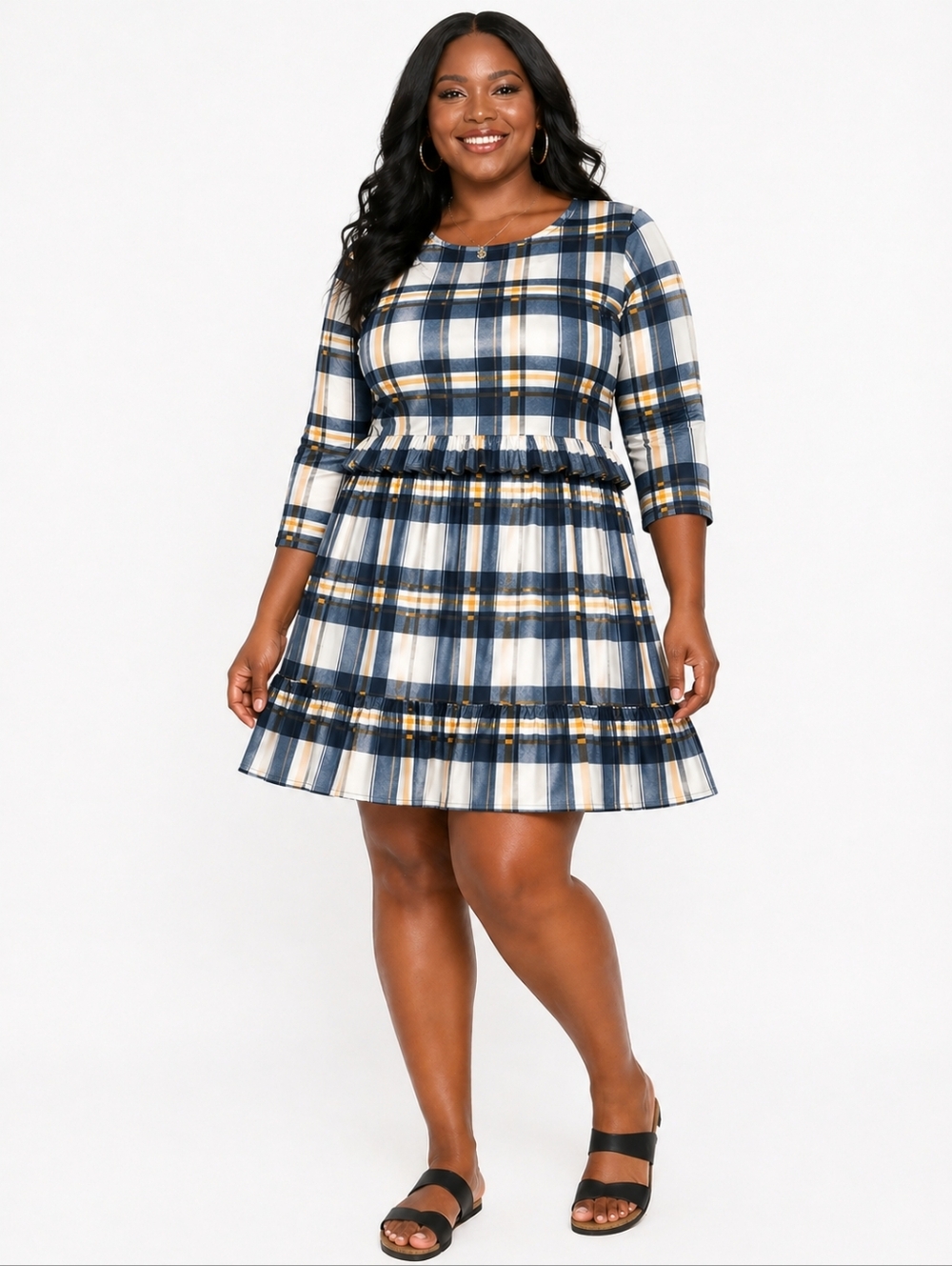 NWT Plus Size Navy, White, And Yellow Plaid Ruffle-Hem Dress Size 22/24